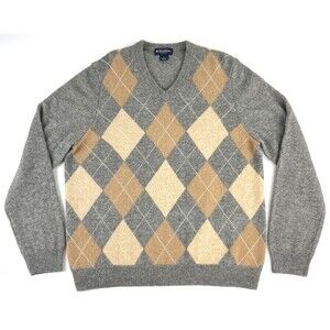 Brooks Brothers V Neck Camel Hair Pullover Sweater Mens L Argyle LS Gray Preppy